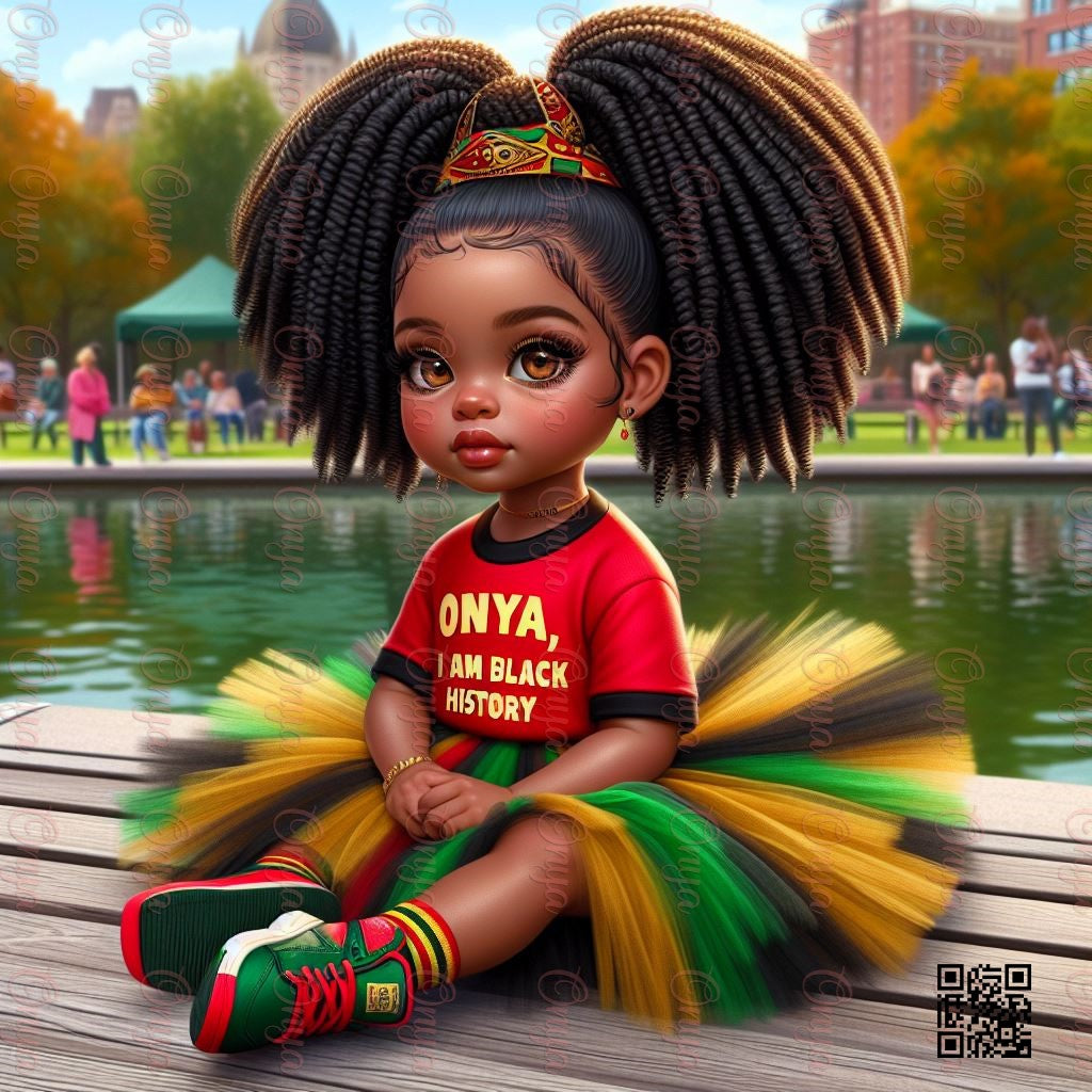 Confident melanin Black girl digital doll celebrating Black History in vibrant attire. High-resolution PNG for shirts, crafts, and planners.
