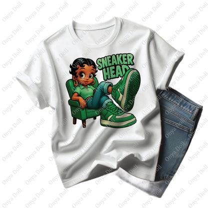 Sneakerhead Afro Cutie PNG | Green Fashion Clipart for Sublimation, Planner Cover, Shoe Lover Art | High-Quality PNG