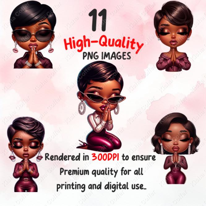 Onya Praying Dolls PNG Bundle – Melanin woman and girl clipart in graceful praying poses with queen energy, perfect for sublimation, planners, Cricut, and inspirational crafts.
