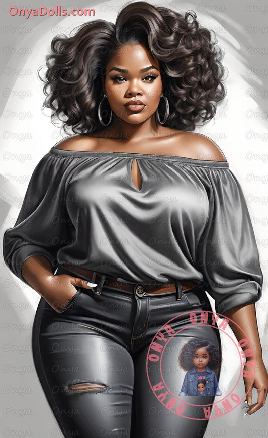 High-resolution PNG of a melanin-rich woman with the quote “She’s beautiful inside & out, focused and unimpressed,” ideal for planners and shirts.
