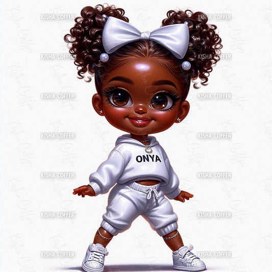 ONYA Reading Girl PNG featuring curly hair melanin princess with glasses for sublimation, Cricut, planners, and crafting
