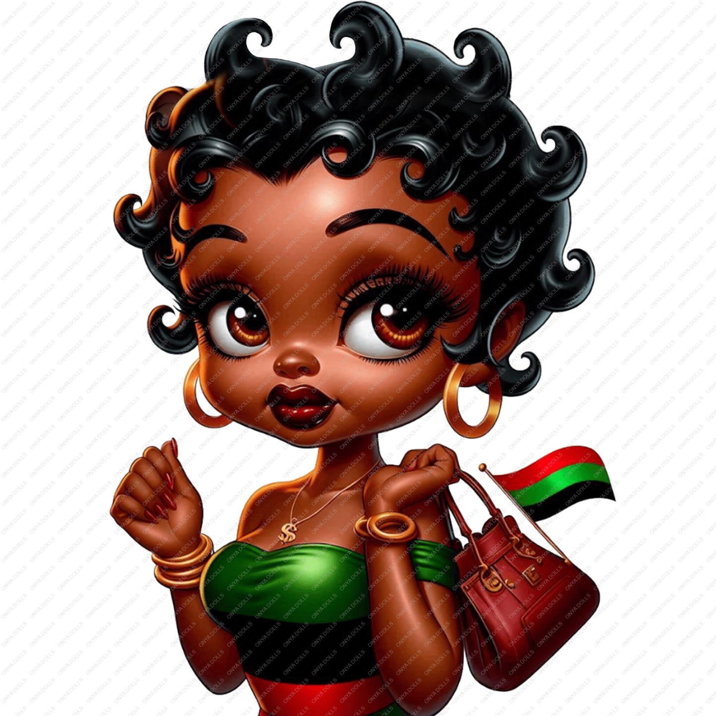 Pan African woman PNG featuring melanin girl with short curls gold hoops red green black outfit and handbag digital clipart
