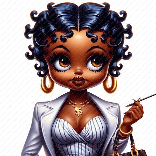 Curly hair boss lady PNG glam melanin woman clipart digital download

