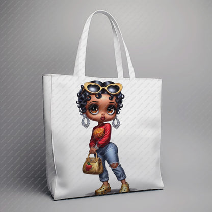 Tote bag with a cartoon character design on a gray background