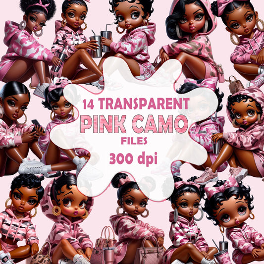 Pink Camo PNG Bundle, 14 High-Res Files of Stylish African American Girls | Sublimation, Planner, Cricut, & Sticker Clipart