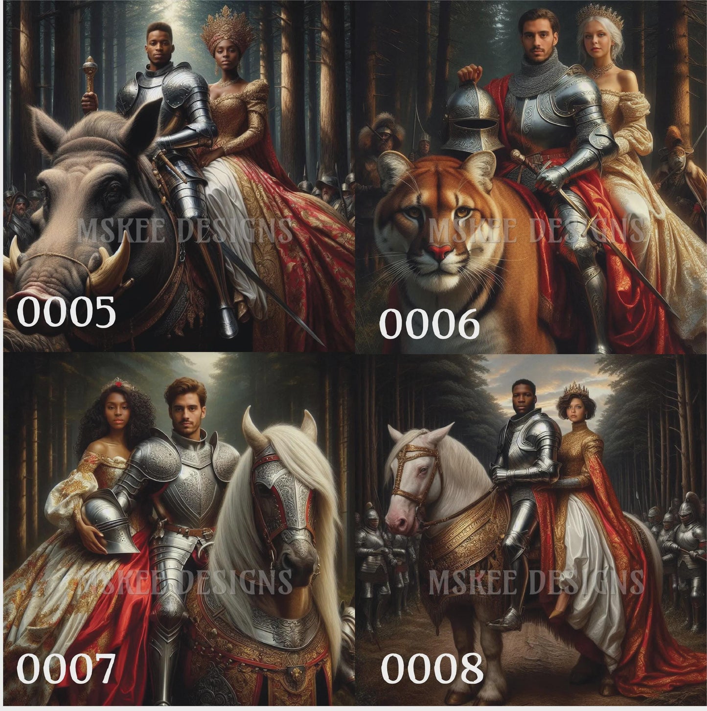 Four historical or fantasy-themed paintings featuring knights, ladies, and animals with 'Mskee Designs' branding.