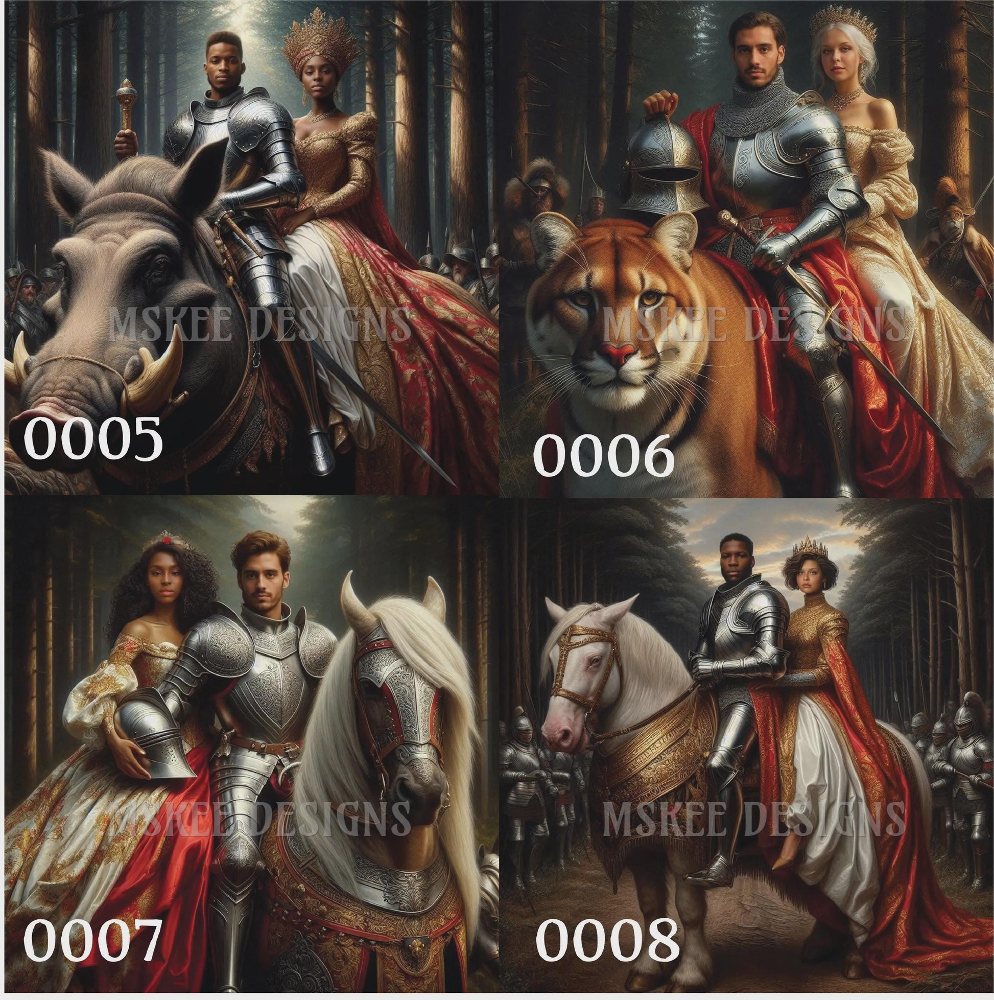 Four historical or fantasy-themed paintings featuring knights, ladies, and animals with 'Mskee Designs' branding.