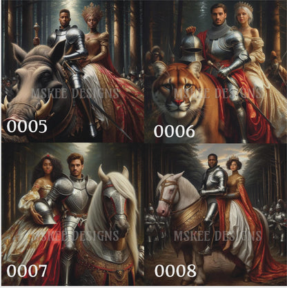 Four historical or fantasy-themed paintings featuring knights, ladies, and animals with 'Mskee Designs' branding.