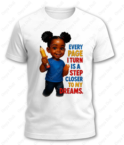White t-shirt with a graphic of a child holding a pencil and text on a white background