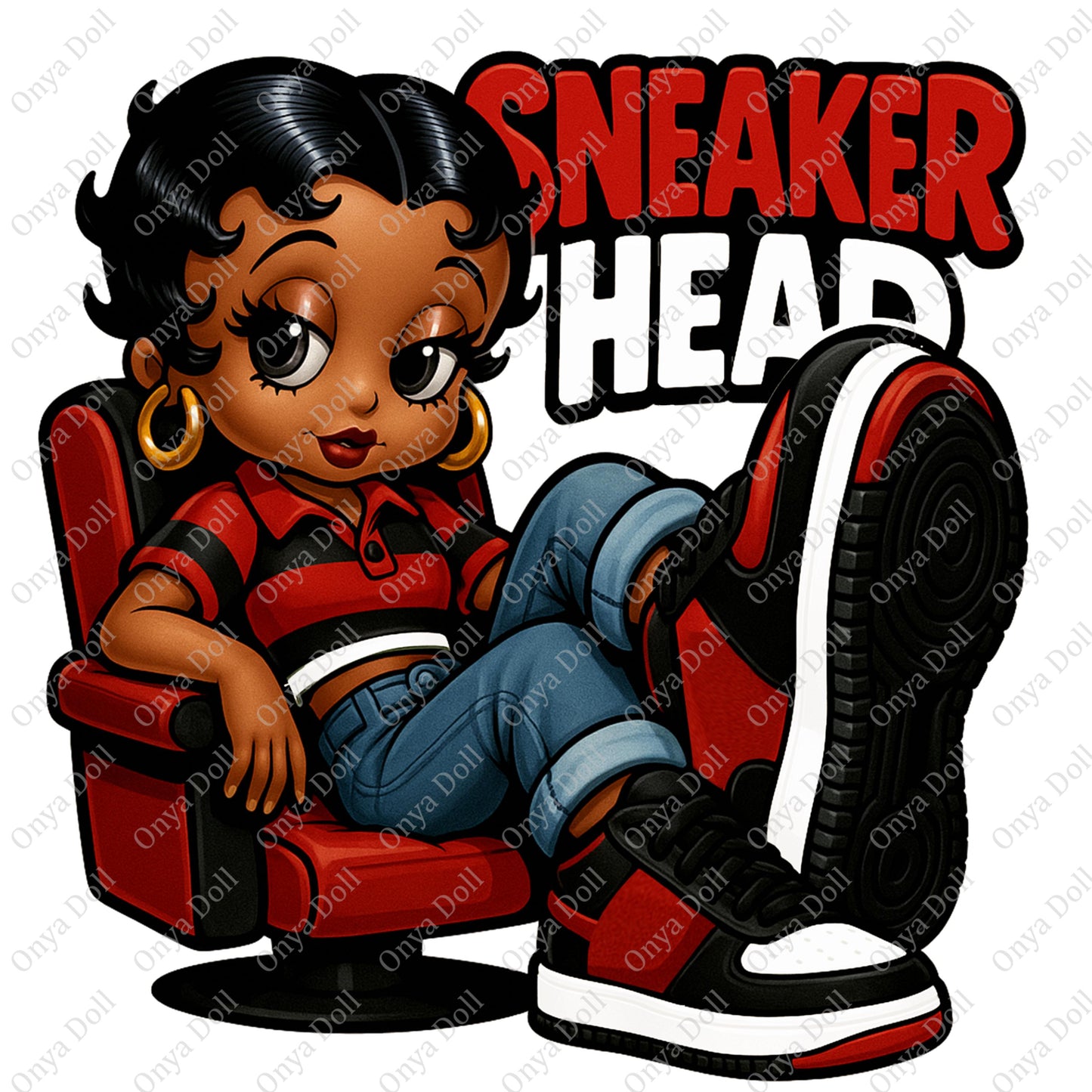 Onya Sneakerhead PNG – Melanin Girl Clipart in Red, Black & White | Streetwear Queen Digital Doll for Sublimation, Cricut, Planner | 300 DPI