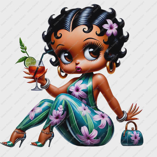 Illustration of a woman with floral dress and accessories holding a cocktail.