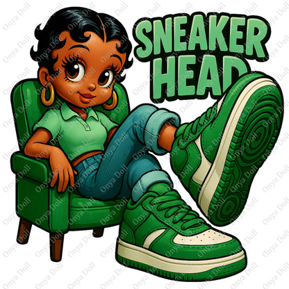 Sneakerhead Afro Cutie PNG | Green Fashion Clipart for Sublimation, Planner Cover, Shoe Lover Art | High-Quality PNG