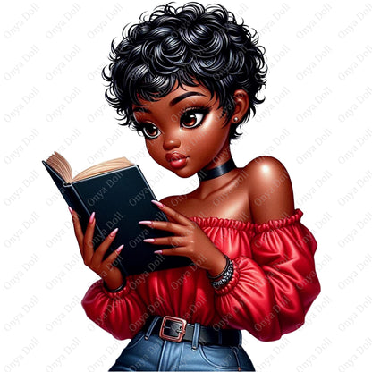 Illustration of a girl in a red top reading a book on a white background