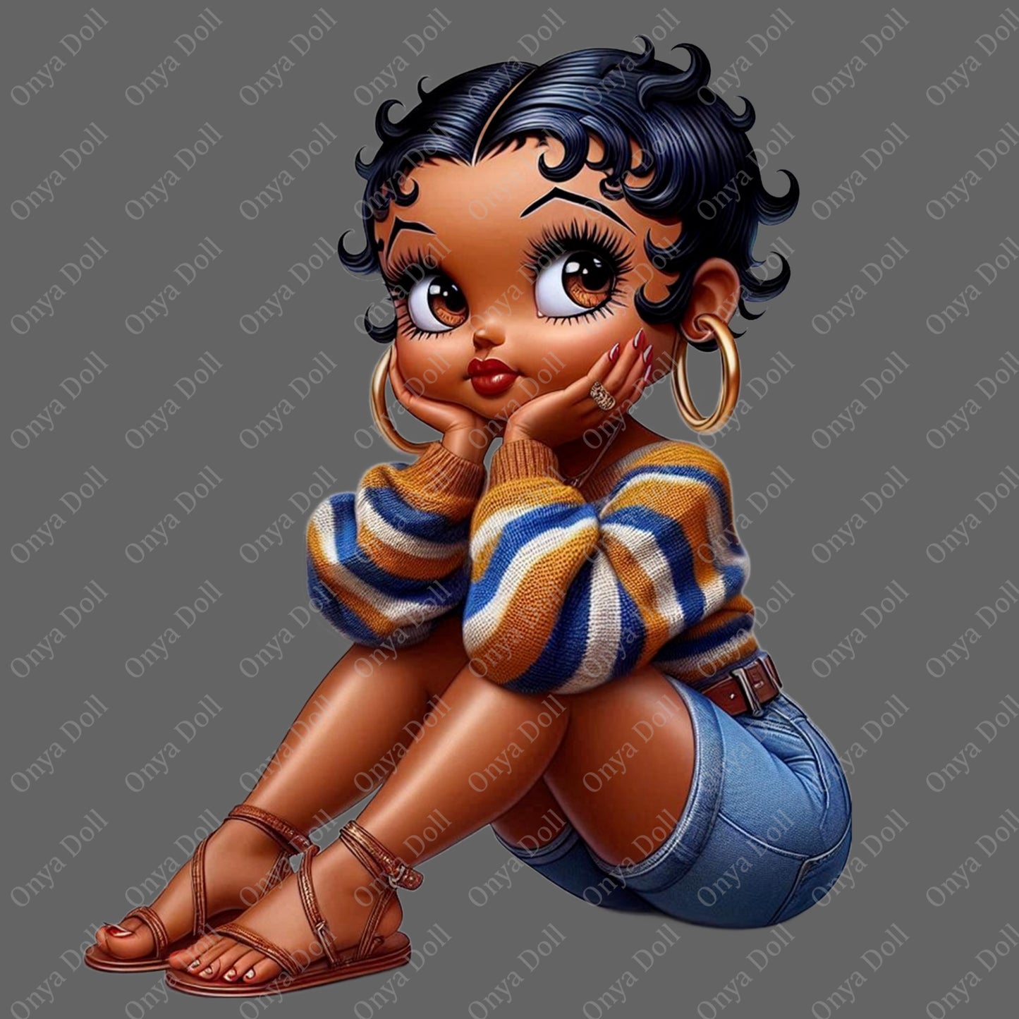 Cartoon character with a striped sweater and denim shorts on a gray background