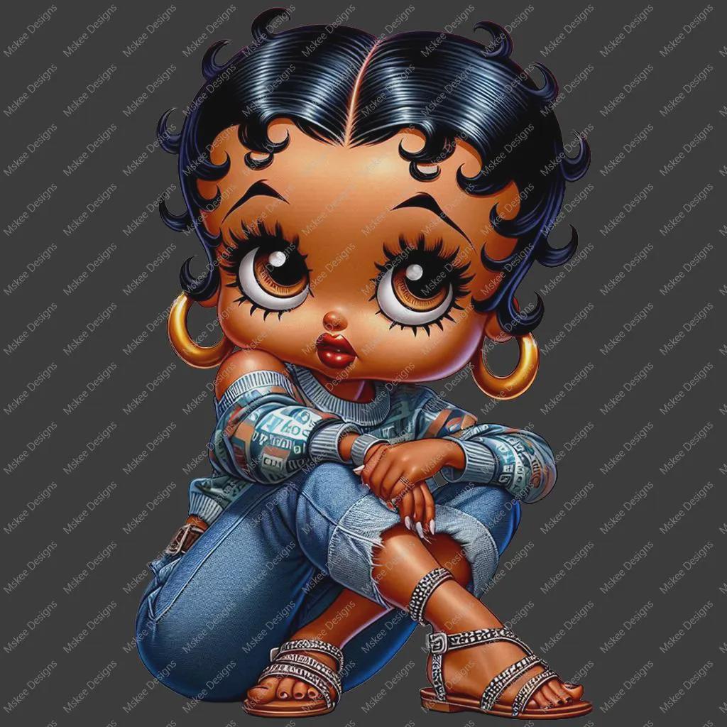 Cartoon character with curly hair, denim outfit, and sandals on a transparent background