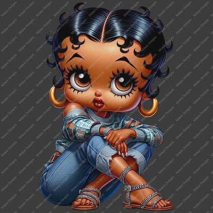 Cartoon character with curly hair, denim outfit, and sandals on a transparent background