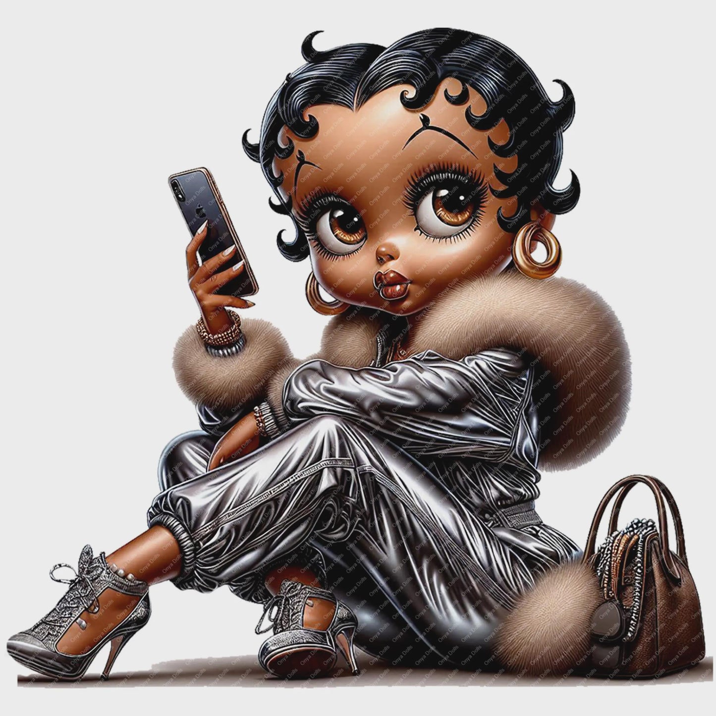 Stylish Black girl in glam outfit with fur wrap and handbag sitting while holding a phone.
