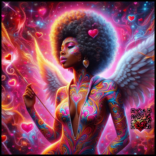 High-resolution PNG of a melanin-rich woman dressed as Cupid in pink, with angel wings and bow. Transparent background, ideal for Valentine’s Day sublimation and decor.
