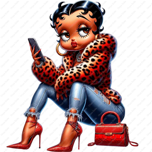 Cartoon character in leopard coat with phone and red handbag on white background