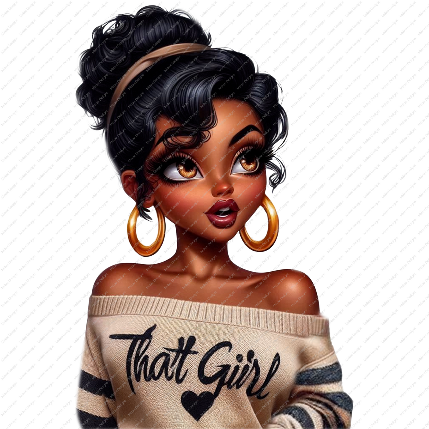 High-resolution PNG of an Afro Betty Boop-inspired character with melanin-rich features, perfect for sublimation and heat transfer designs.
