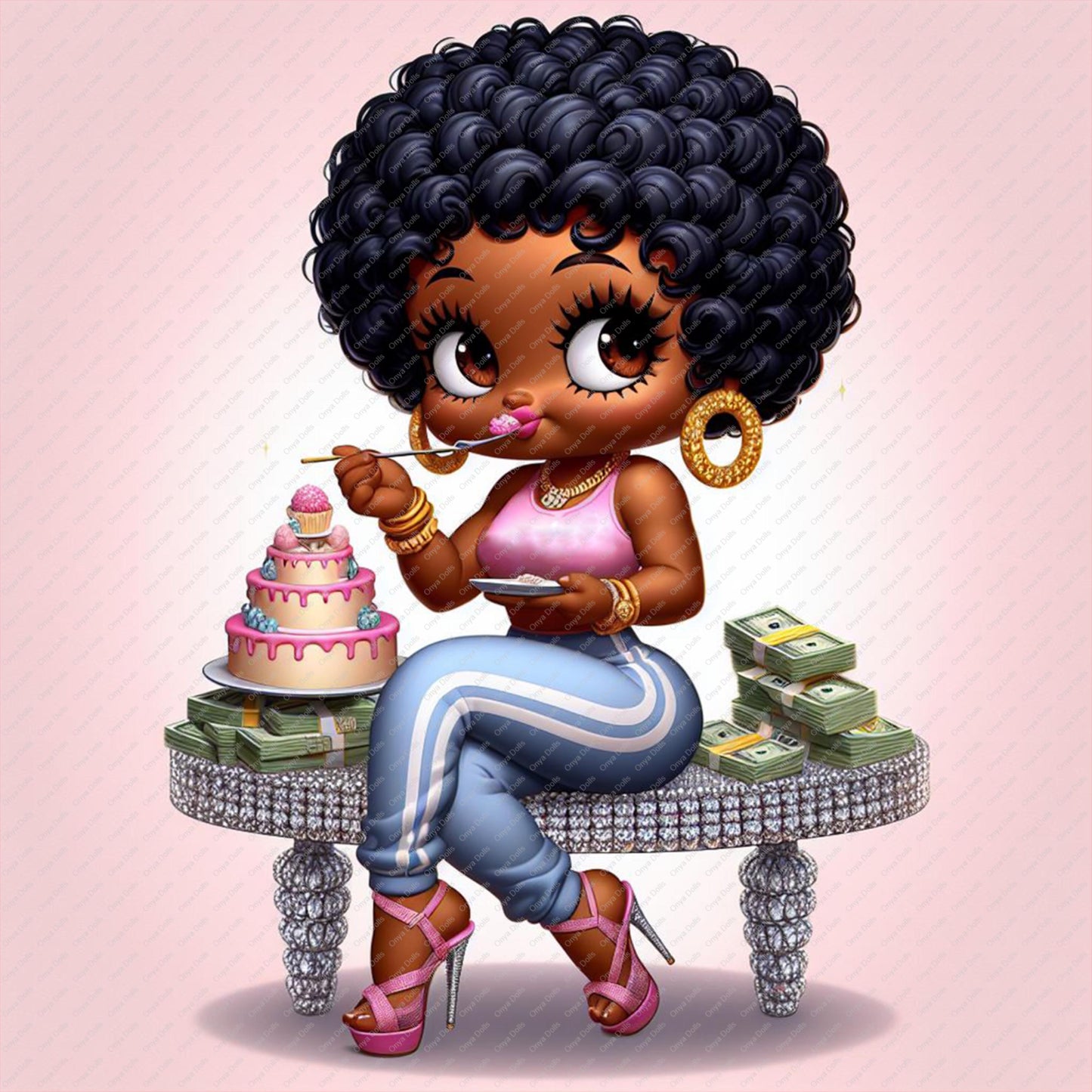 Baddie Boo clipart showing a glamorous Black woman with curly afro hair, cake, and stacks of money in digital illustration
