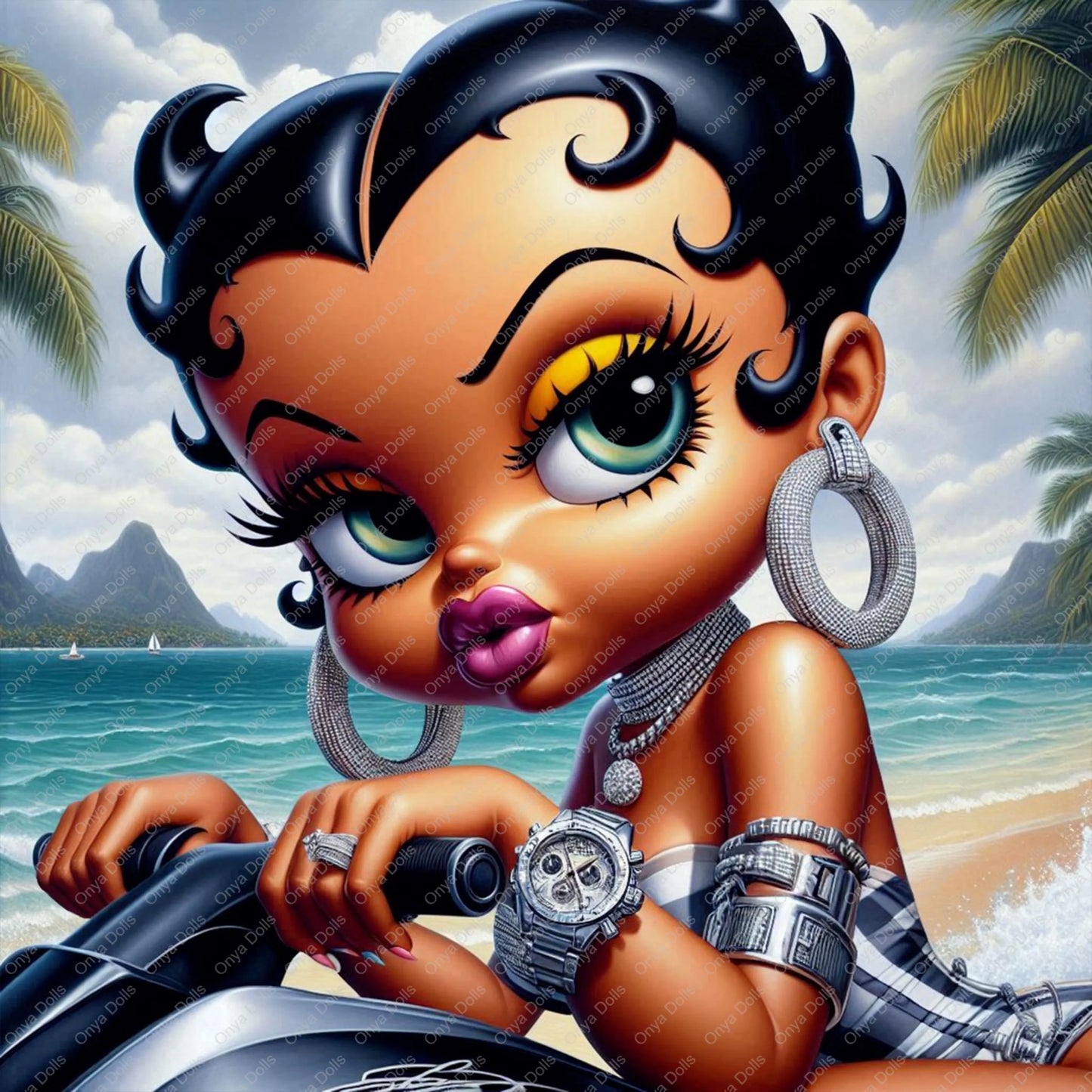 Betty Boop riding a Jet Ski,  african american, afro boop, PNG