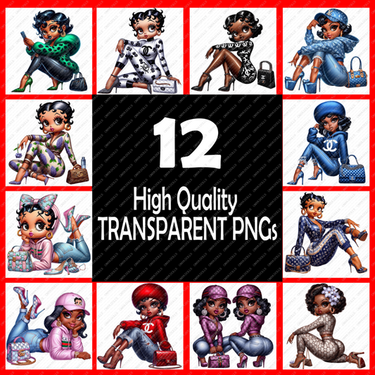 Bundle of high-resolution PNGs featuring stylish African American women inspired by Betty Boop, perfect for sublimation, shirts, and planners.
