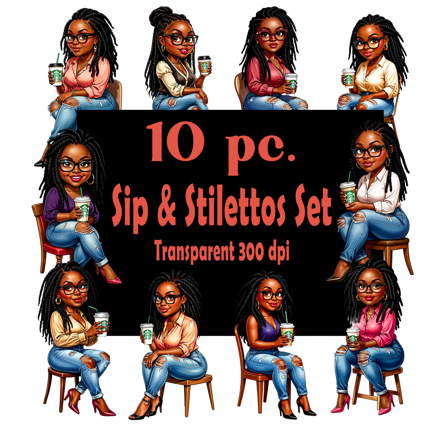 10 piece stylish Black woman coffee clipart bundle sitting in chairs holding coffee cups PNG set
