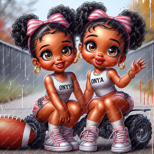 Onya twin teen clipart showing two Black girl twins with puff buns sitting on an ATV beside a football
