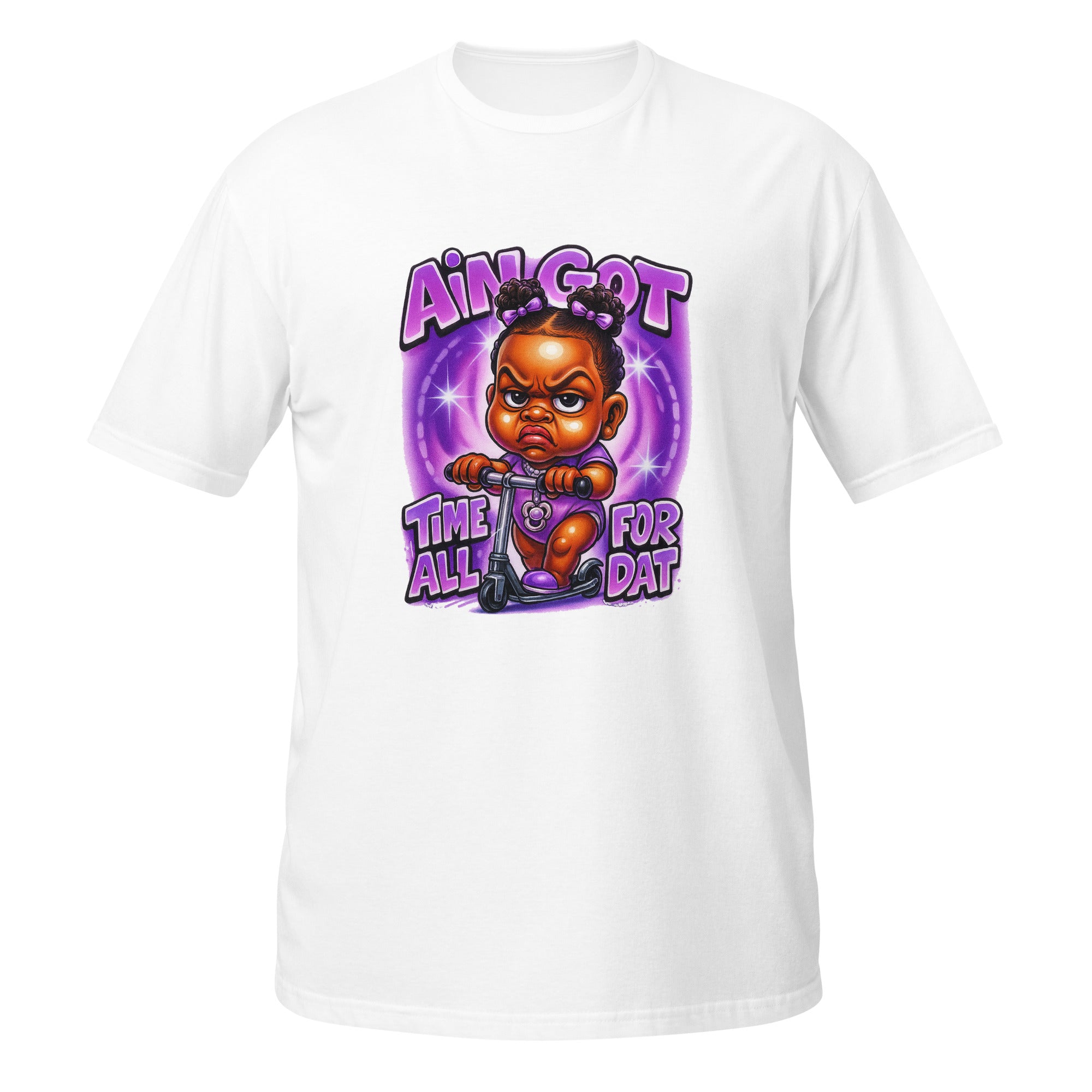 Little giel on a scooter, color is purple and comes with a quote of :Ain Got Time For All That!