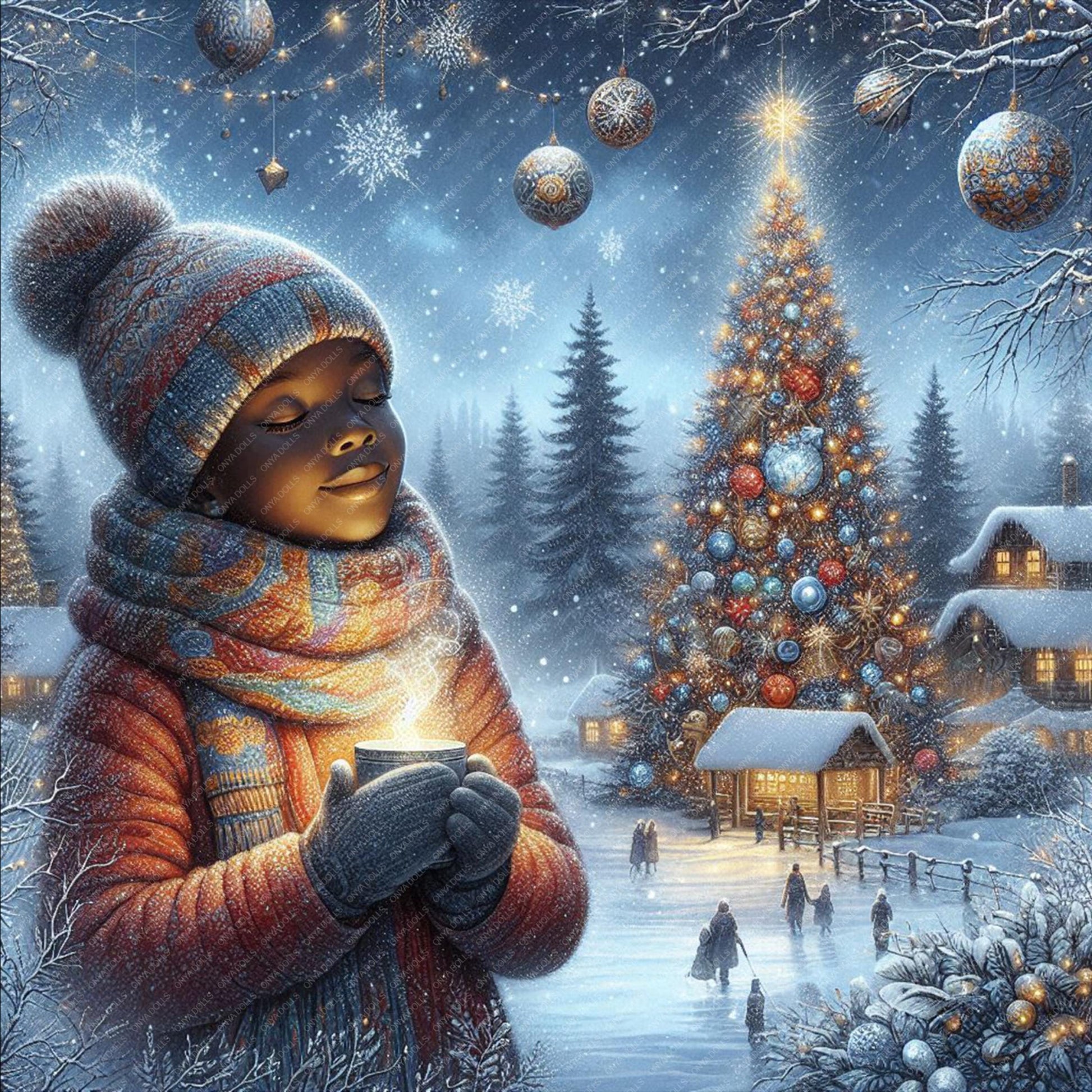 Onya winter clipart showing a Black child holding a glowing candle in a snowy Christmas village scene
